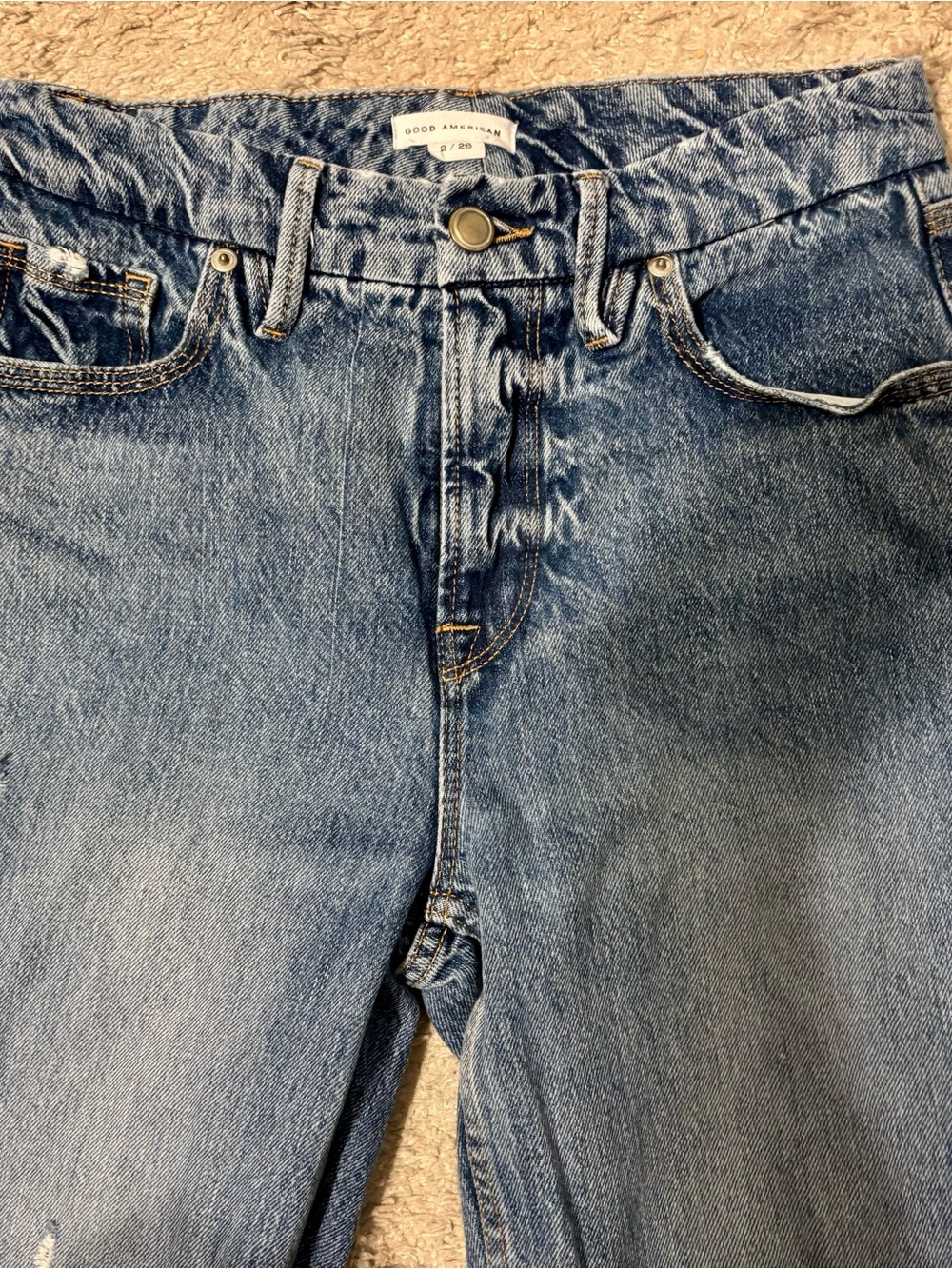 Good American Size 26 Distressed High Rise Straight Leg Jeans Medium Wash